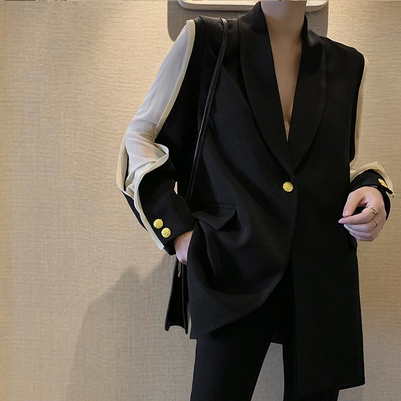 

2019 New Summer Lapel Long Sleeve Hit Color Split Joint Loose Temperament Jacket Women Thin Chiffon Black Suit Coat JU29801
