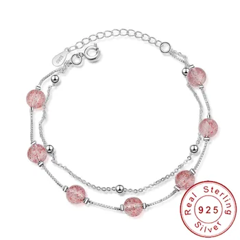 

Real Pure 925 Sterling Silver Natural Pink Stone Strawberry Quartz Bracelet Beads Multi Layer Braslet Woman Lucky Charms SB011
