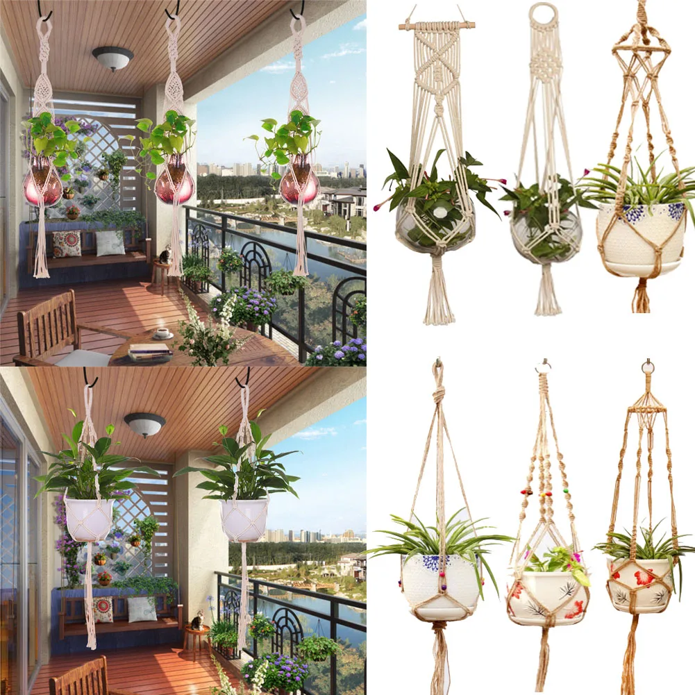 Garden Decoration Flowerpot Hanging Rope Basket Handcrafted Braided Hanger Pot Hemp Rope Flower Pots For Garden Green Plant