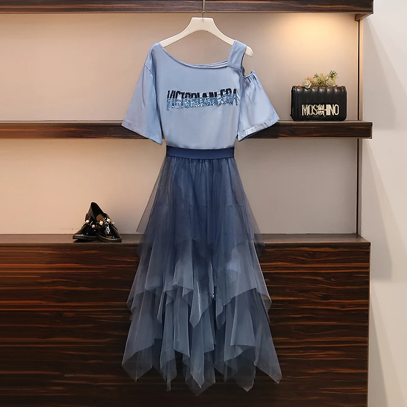 

5xl 2 Piece Set 2019 Summer Women sequin Cold Shoulder Cotton T-shirt Dress +Mesh ruffle Skirt Suits Letter Print Sweet outfit