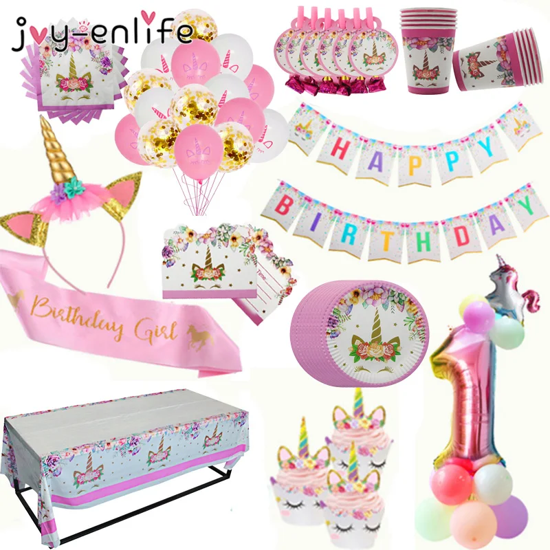 

Unicorn Party Decors Birthday Disposable Tableware Kit Unicorn Balloon Cups Plates Napkin Kids Birthday Unicornio Party Supplies