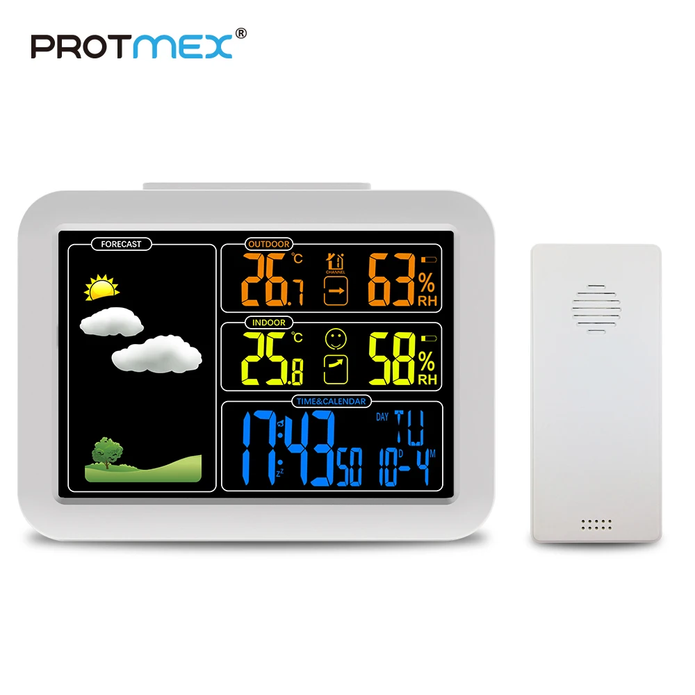 comprar PROTMEX PT7002W Contraolled Rádio Despertador Estação Meteorológica com Sensor de Umidade Temperatura LCD Colorido Previsão do tempo