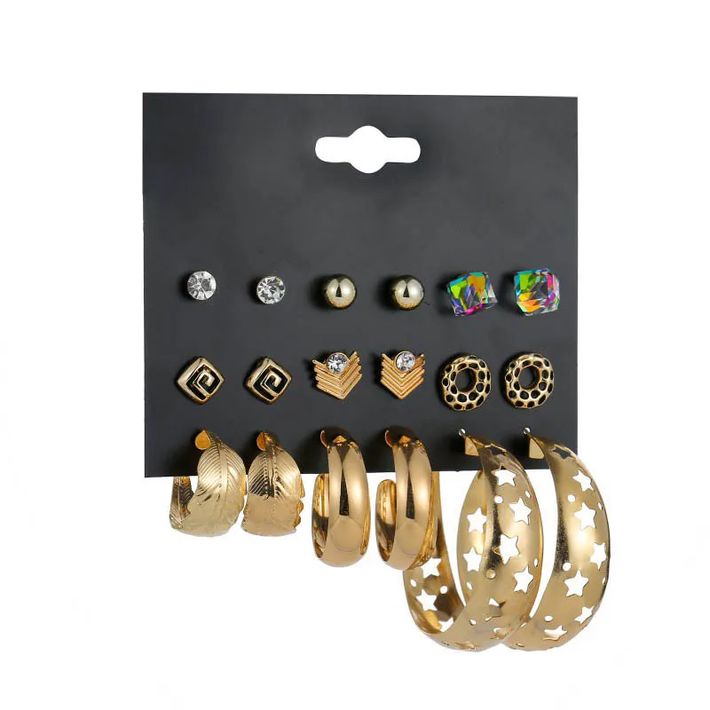 

YANG&RH 9Pairs/Lot Vintage Hoop Earrings Set For Women Gold Color Rhinestone Rainbow Stone Leaves Hollow Star Loop Earring Gifts