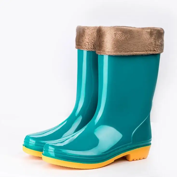 Rouroliu/женские нескользящие резиновые сапоги из ПВХ, непромокаемая обувь, женские резиновые сапоги до середины икры, резиновые сапоги без шнуровки, RB72 - Цвет: Blue Warm