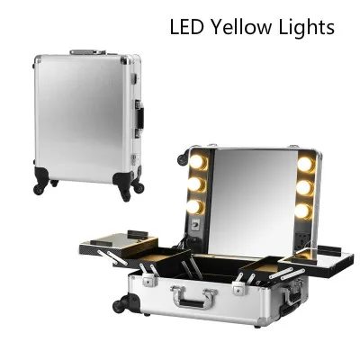 

Silver LED Yellow Light Makeup Artist Train CaseAluminum Rolling Cosmetic Box Makeup LED Lighting Studio