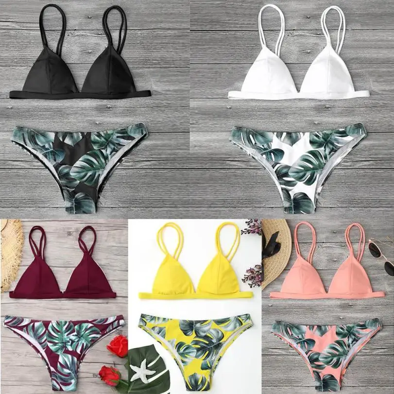 

MUQGEW 2019 Bikini Set Print Leaves Push-Up Padded Bathing Swimsuit Beachwear Swimsuit Bikini 5 Color Set stroje kpielowe mayo