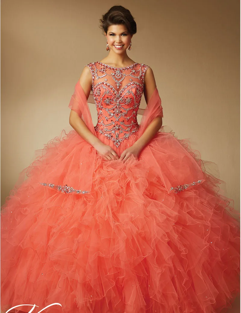 Ball Gown Beaded 2017 Coral Quinceanera Dresses Floor Length Sheer