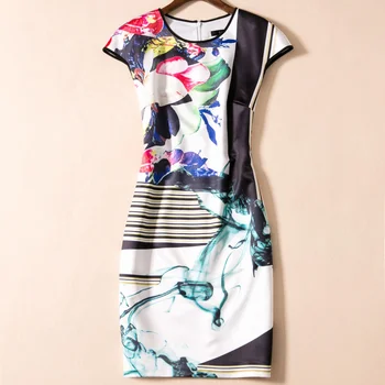 

New Arrival Flower Print Dress Elegant O-Neck Sleeveless Mini Dresses F6231