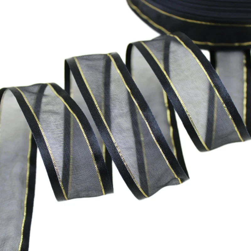 

25mm Black broadside gold edge organza ribbons wholesale gift wrapping decoration ribbons