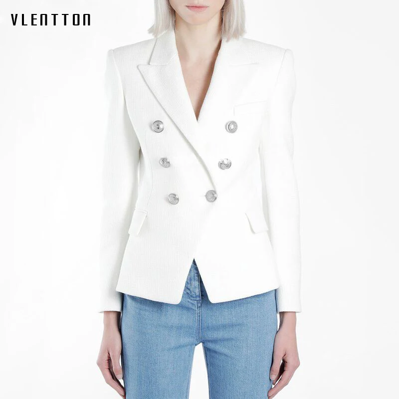 High Quality 2019 Designer Solid Blazer Women's Lion Button Double Breasted Black White Office Lady Blazers Jacket Outwear Coat