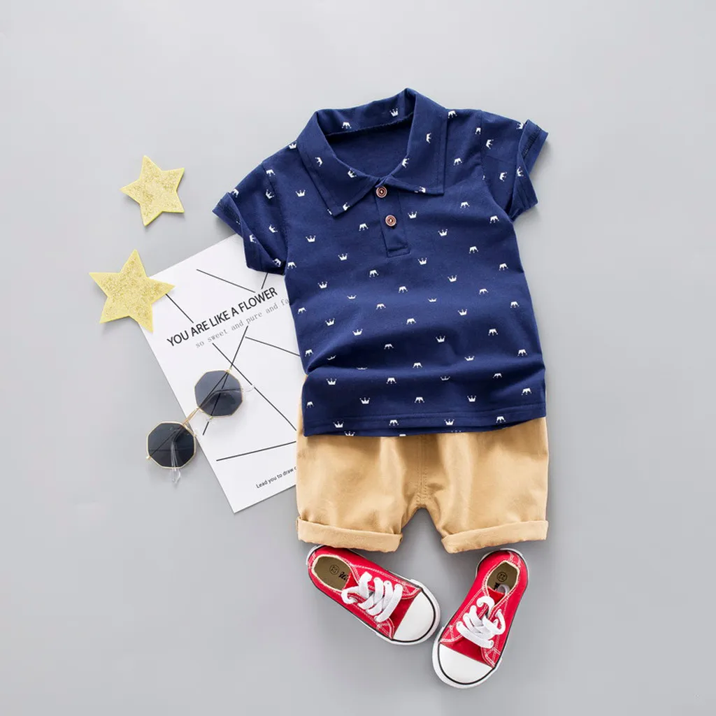 Baby Kids Boys Cartoon Print Tops T-shirt Solid Short Pant Casual Outfits Set Baby Kids Boys Cartoon Print Tops T-shirt Solid Short Pant Casual Outfits Set