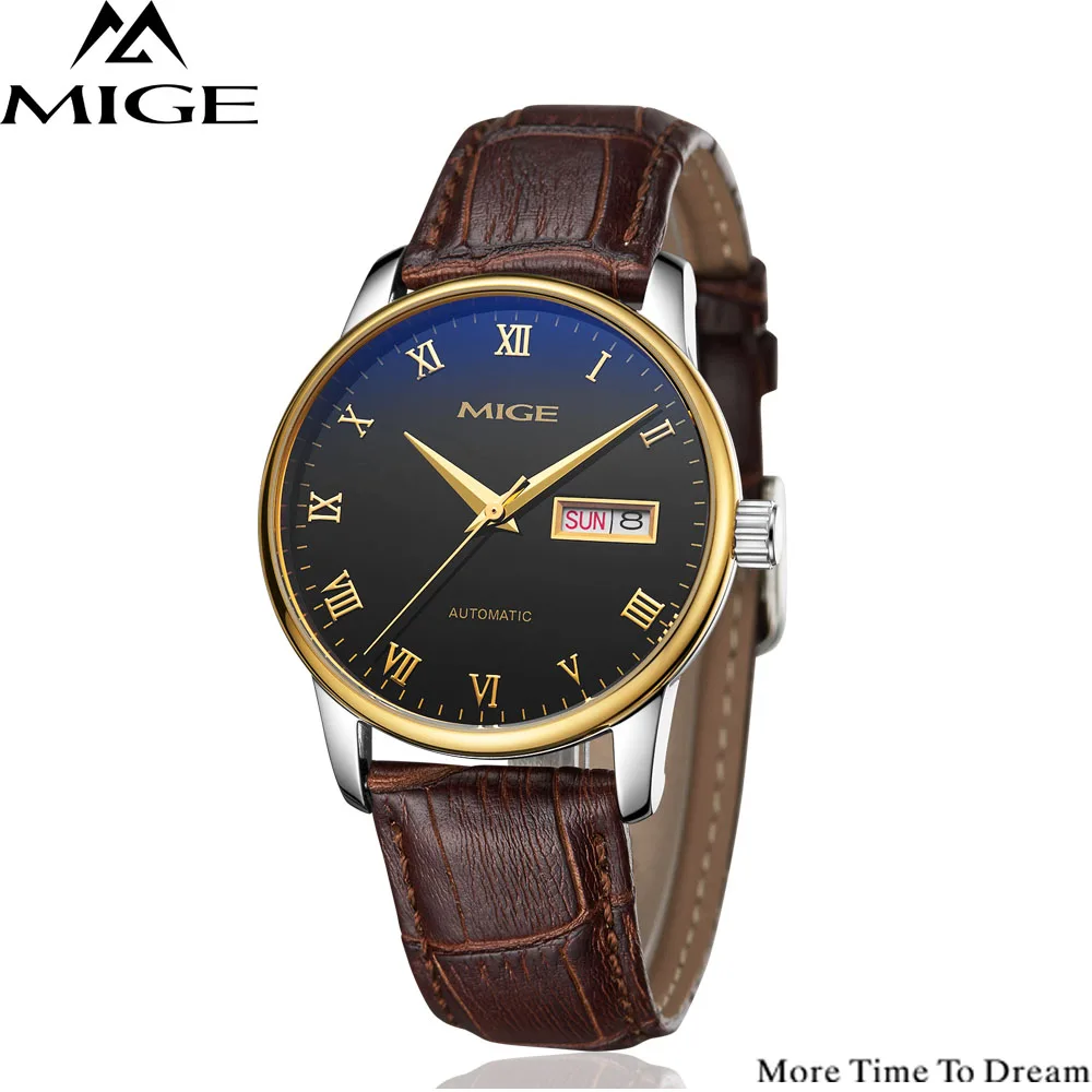 

MIGE Watch Men Mechanical Wristwatch Calendar Synthetic Sapphire Crystal Water Resistant Cowhide Leather Strap Relogio Masculino
