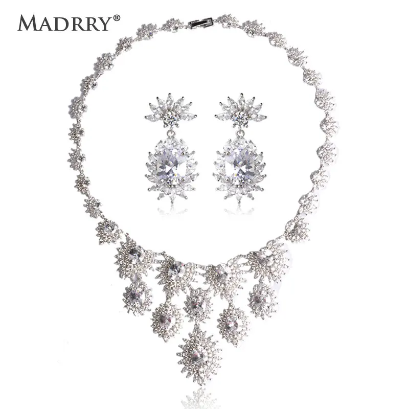 Madrry Pure Zircon Luxury Jewelry Sets Earrings&Necklace Prong Setting