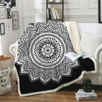 

Soft Velvet Plush Throw Blanket Mandala Print Floral Sherpa Blanket for Couch Black and White Boho Throw Travel