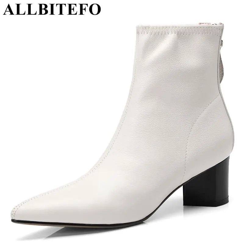 

ALLBITEFO brand genuine leather women ankle boots pointed toe high heel shoes for girls martin boots fashion motocycle boots