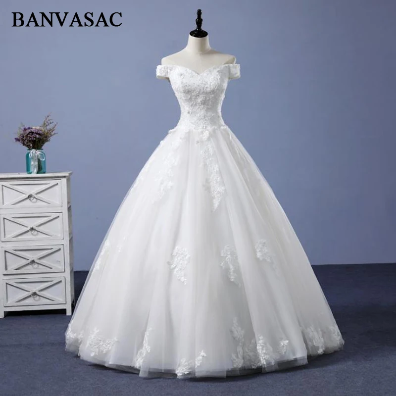 

BANVASAC 2018 Real Photos Lace Appliques Ball Gown Wedding Dresses Elegant V Neck Embroidery Sequined Bridal Dresses
