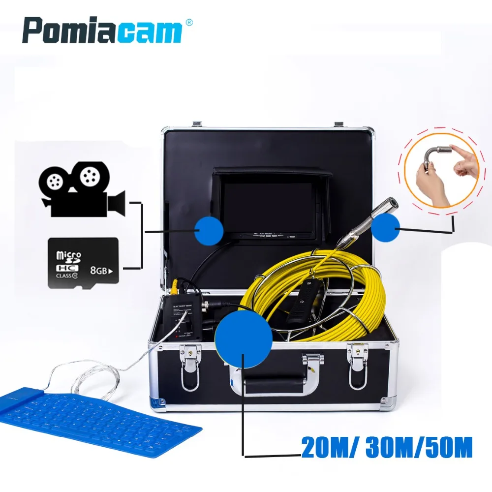 WP71 20M 30M 50M Smart Endoscope Pipe Inspection Video Camera 23mm 17mm 6.5mm len with 7 Inch monitor With keyboard 