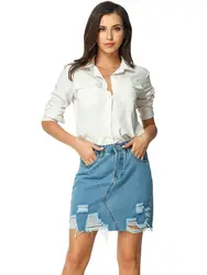 Женские синие однотонные с дырками и высокой талией юбки с карандашом корейские повседневные джинсы с карманами и пуговицами мини-юбка 2019