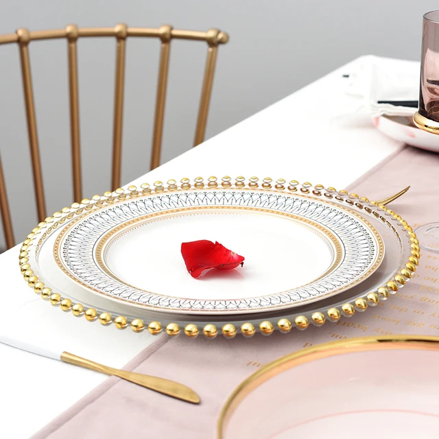 Nordic Gold Bead Glass Charger Dinner Plated Dish Decorative Salad Fruit Wedding Plate Dinner.jpg 640x640 - dinnerware - Nordic Ceramic Luxury Wedding Plates