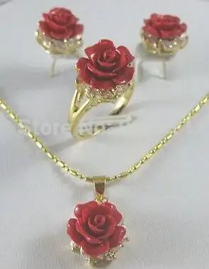 

Free Shipping>>>>Pretty Crystal Red Coral rose Flower Pendant Earring Ring lady's set