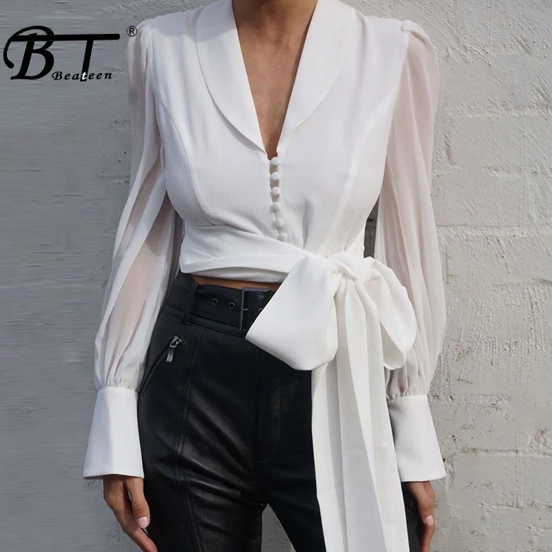 

Beateen 2019 New Lapels Buttoned Up Mesh Long Sleeves Cropped Tops Oversized Bow Knotted Detailing Women Party Fashion Tops