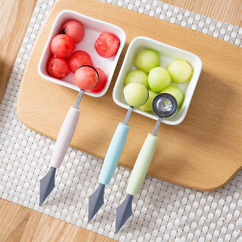 

7 color Stainless Steel Double-Headed Fruit Digging Ball Corrugated Carving Knife Nordic Watermelon Dig Scoop Ice Cream Spoon