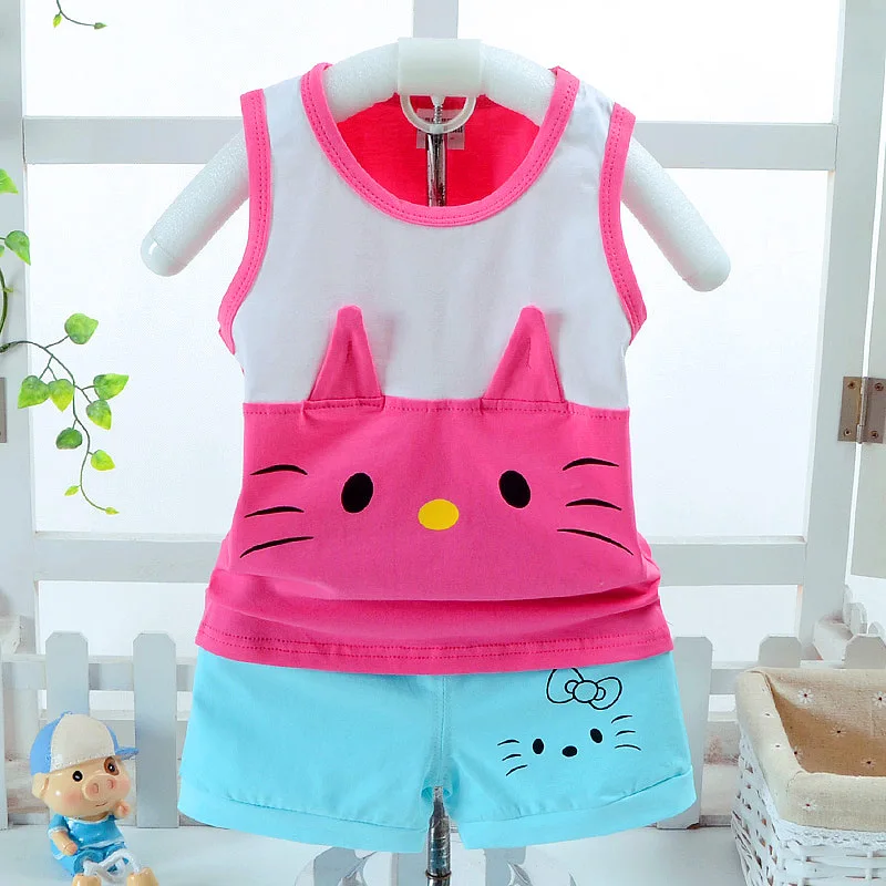Cartoon Summer Baby Girl Clothing Set Tank Cat Vest+Shorts Kid Girl