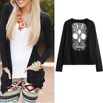 

M-XL Summer Spring Long Sleeve Hollow Oversized Skull Pattern Women Blouse Sexy Backless Crochet Lace Long Cardigans Jacket