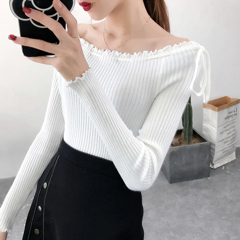 Sexy Lace Up Slash Neck Sweater Women 2018 Autumn Winter Knitted Pullover Casual slim Bottoming Fashion Long Sleeved Female tops