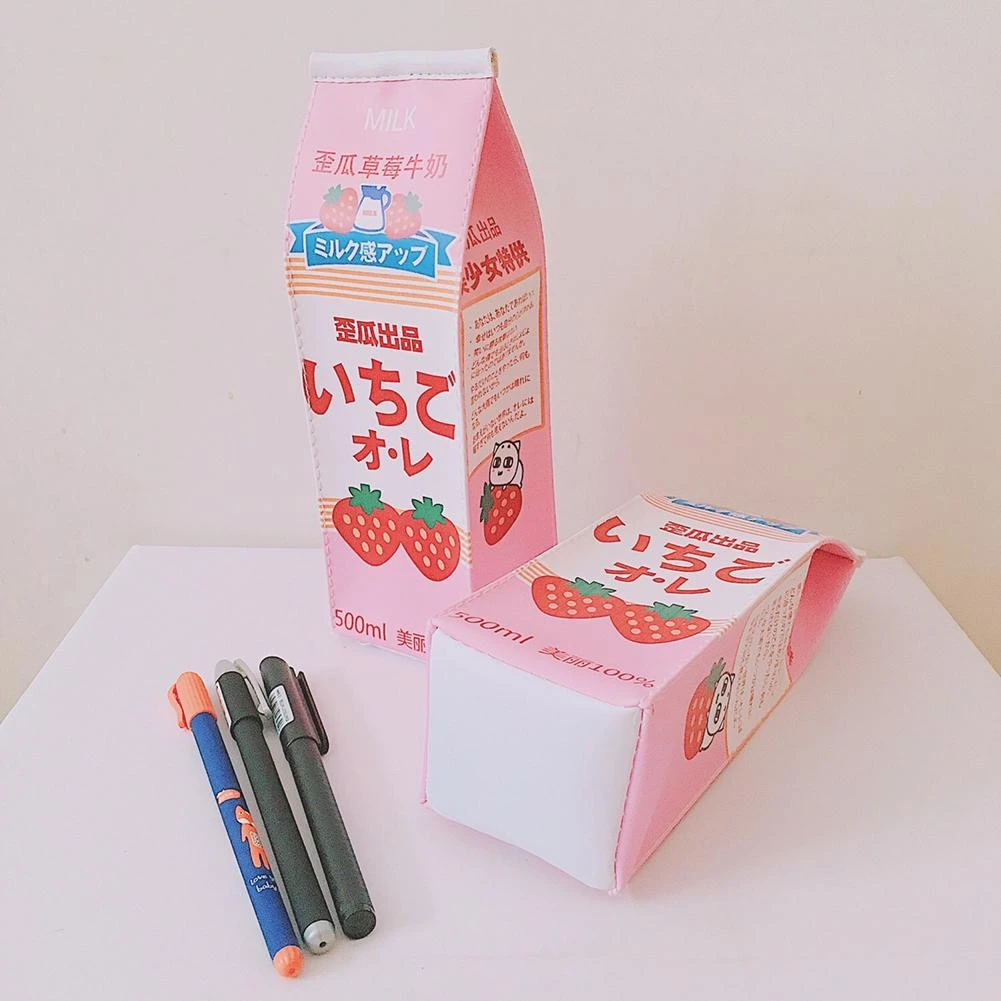 Estuche de lápices de cuero PU creativo, caja de Leche de fresa, estuche de lápices Kawaii, material escolar, regalo para niños|Estuches escolares|