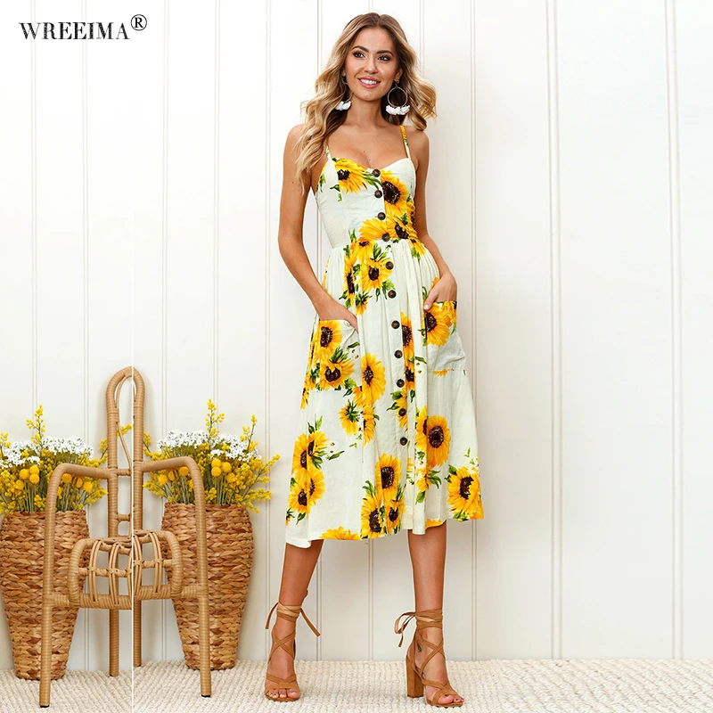 WREEIMA Summer Striped Dress 2018 Women Sexy Backless midi Dresses Fashion Casual Button Pockets Beach Long Elegant Female |