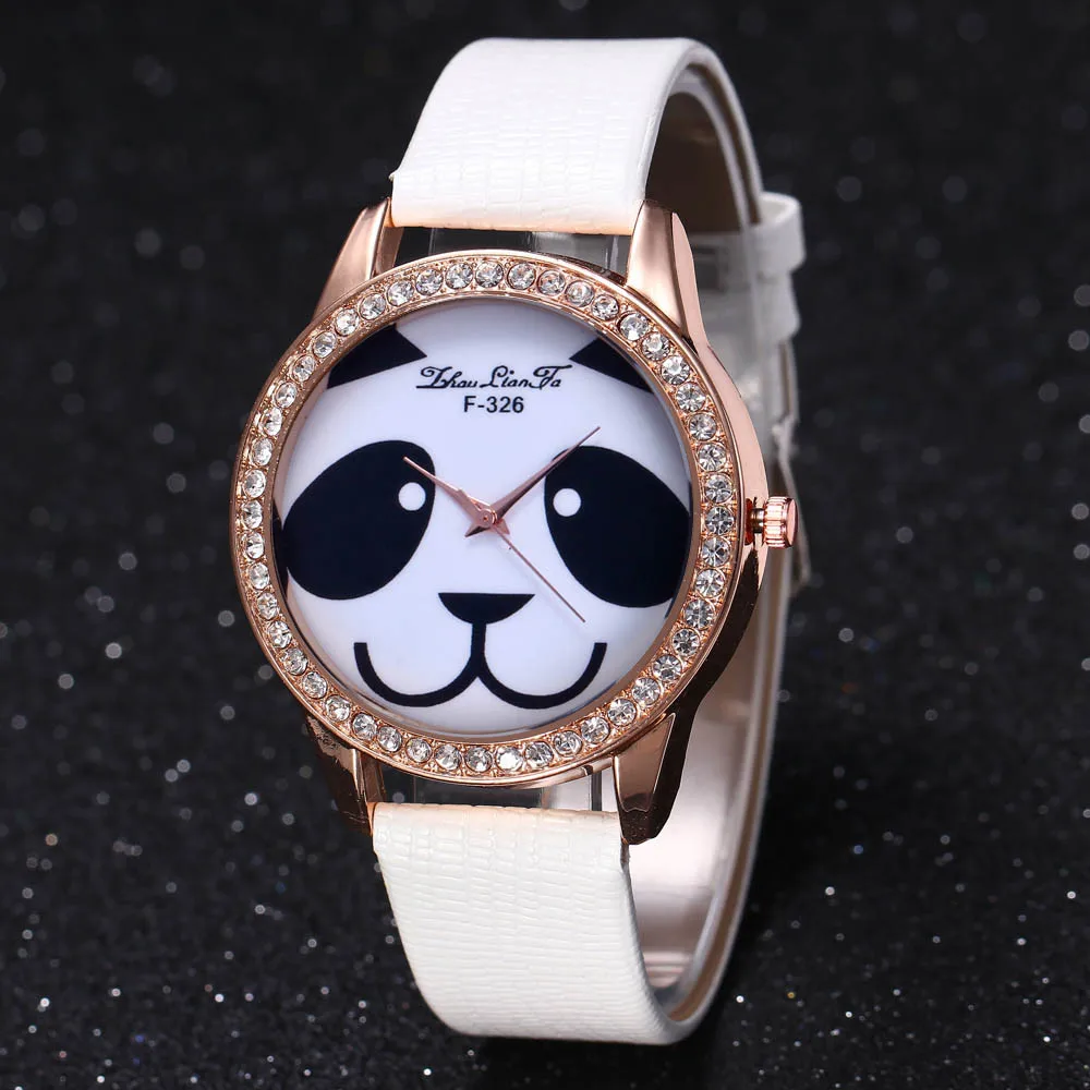 

Modern Fashion Panda Face Pattern Dial Quartz Watch Women Leather band Rhinestone High Quality Casual Wristwatch Gift Relogio #S