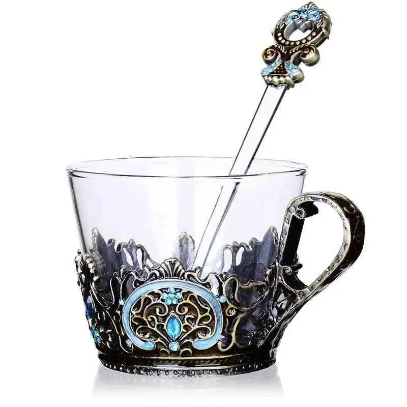 Emaille Transparent Glas Kaffee Tee Becher Blau Rosen Wärme-Beständig Tasse Set mit Edelstahl Löffel Bahn und Wischen tuch