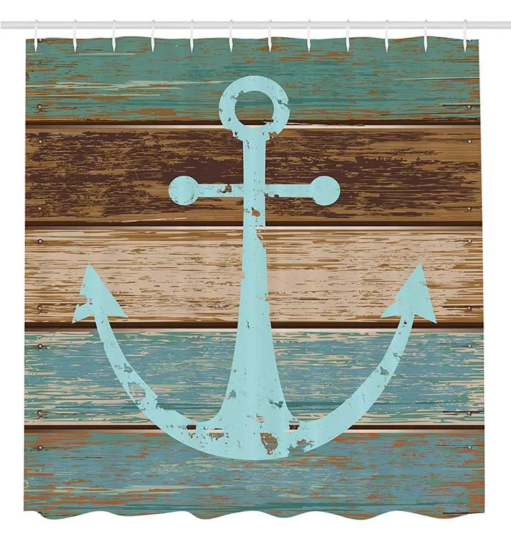 

Decor Shower Curtain by, Boat Anchor Nautical Rustic Wooden Planks with Different Colors, Polyester Fabric Bathroom Set with Hoo