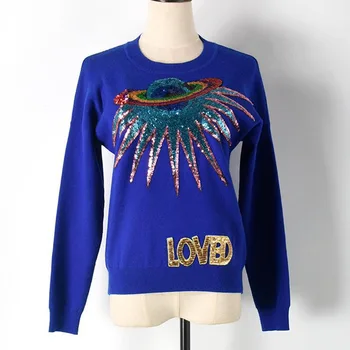 

2019 Designer Autumn Winter Casual Women Sweater High Quality Cotton Long Sleeves O-Neck Sequin Letter Embroidery Sweater Jumper