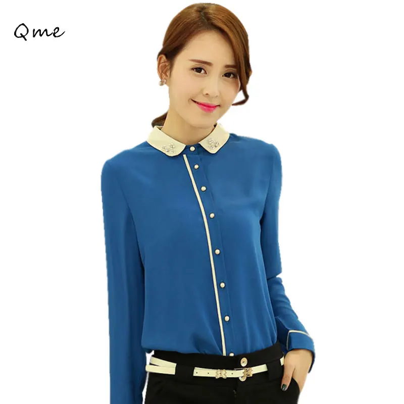 Women shirts long sleeve chiffon blouse patchwork shirts button down ...