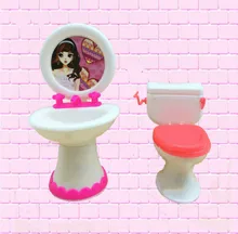 2 Items Cute Doll Closestool Washbasin Toilet Wash Devices Dollhouse Furniture Bathroom Set For Barbie and