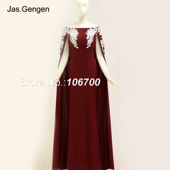 

New Arabia Style Lace Cape Prom Dress Slveeless Embroidery Boat Neck Burgundy Long Jersey Evening Dresses 1125C 2018