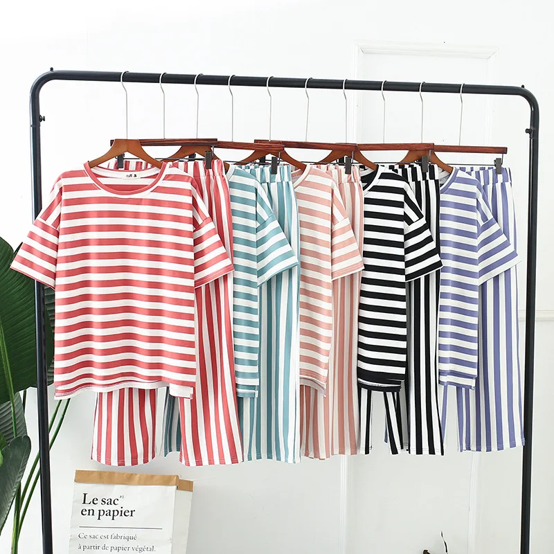 Vertical Stripe  Pyjamas Women Soft Cotton Breathable Two Piece Set Sleeping Clothes Pijama Set  Nightwear Ladies Pajamas Women