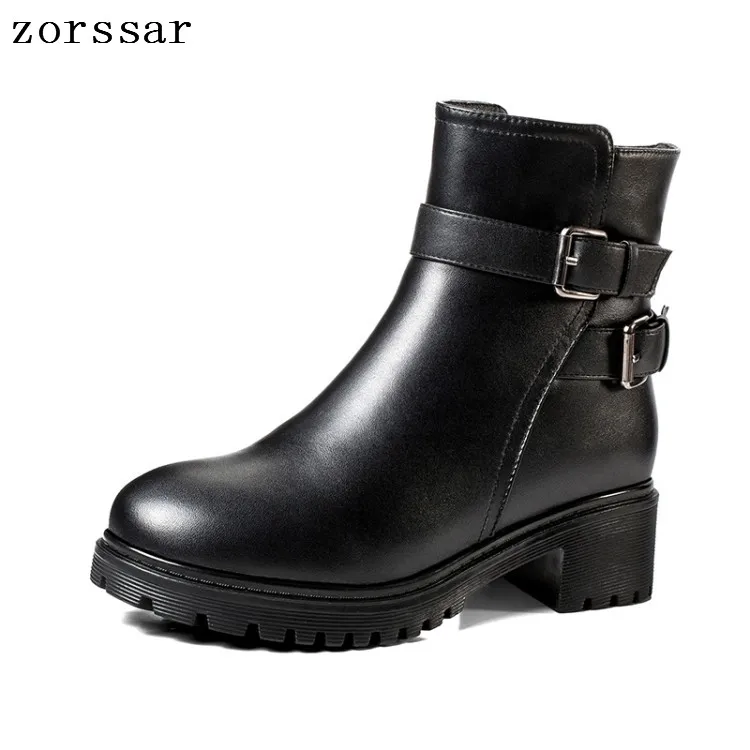 

{Zorssar} Platform Woman Ankle Boots Low Heel Soft leather Women Motorcycle boots Winter Plush Female Booties Platform boots