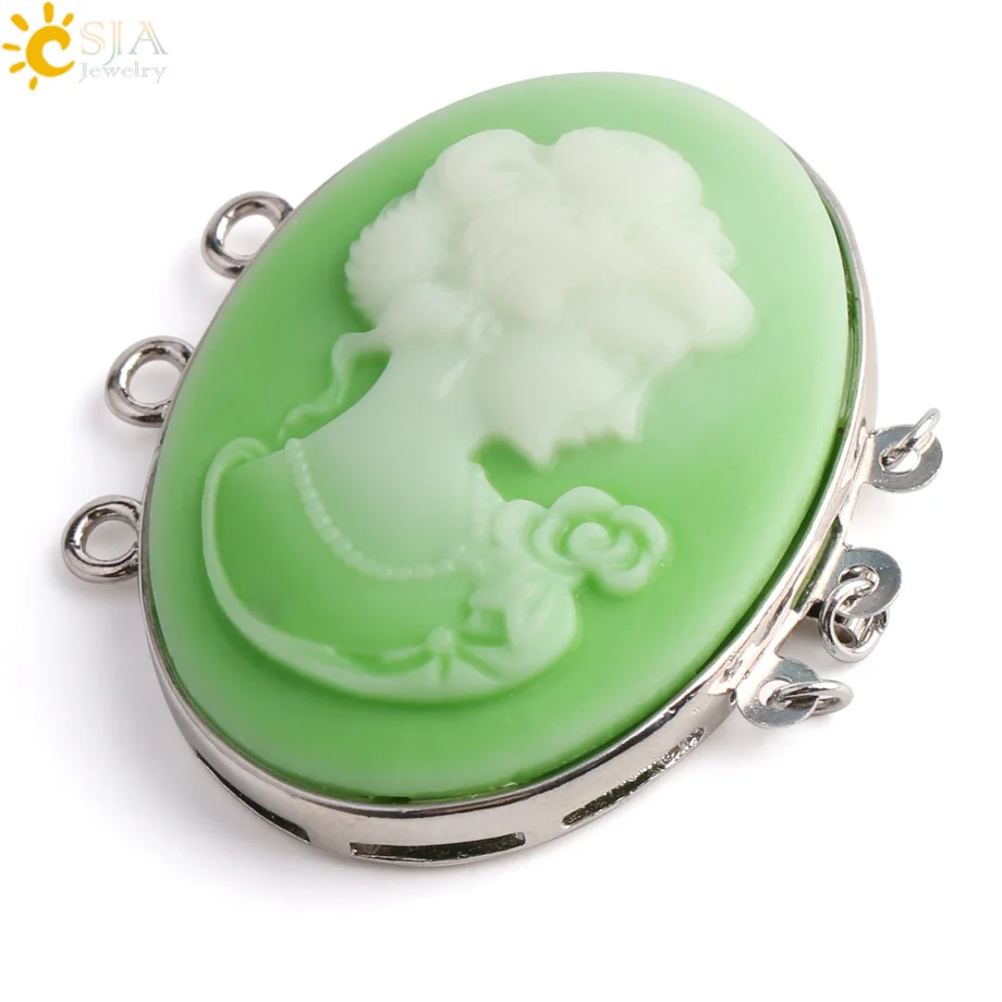 

CSJA Green Resin Oval Connector Lady Queen Cameo Silver Color Hollow Bead for Jewelry Making DIY Pendant Necklaces Bracelet G047