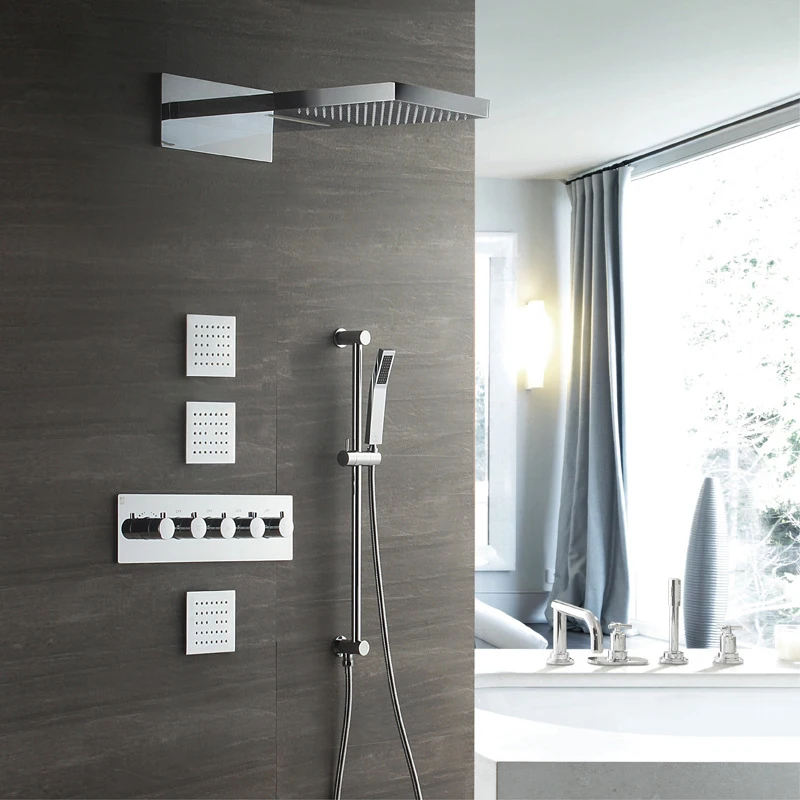 

Bathroom Rectangle Waterfall Rain Wall Mounted Shower head 3 Functions Thermostatic Shower Faucet Spa Shower Spray Jet Rainfall