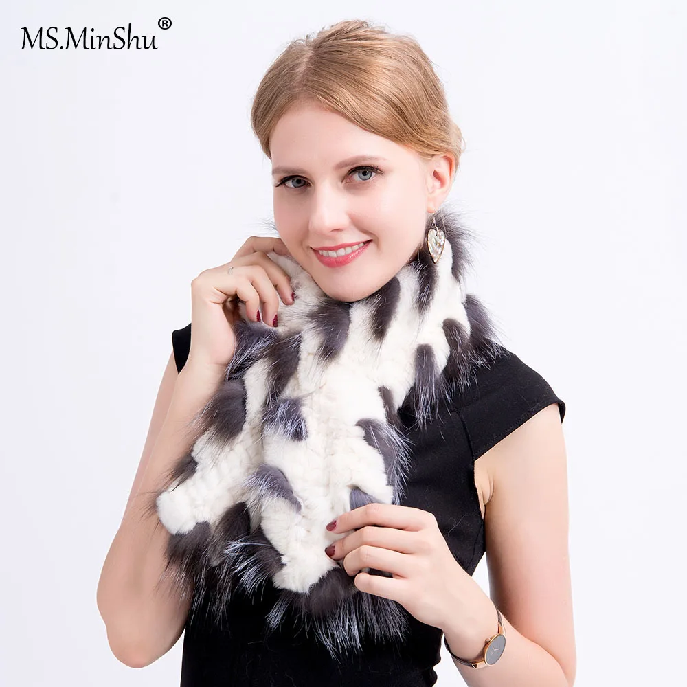 MS. MinShu натуральный меховой шарф ручной вязки шарф из меха кролика рекс натуральный мех шарф с лисьим мехом отделка