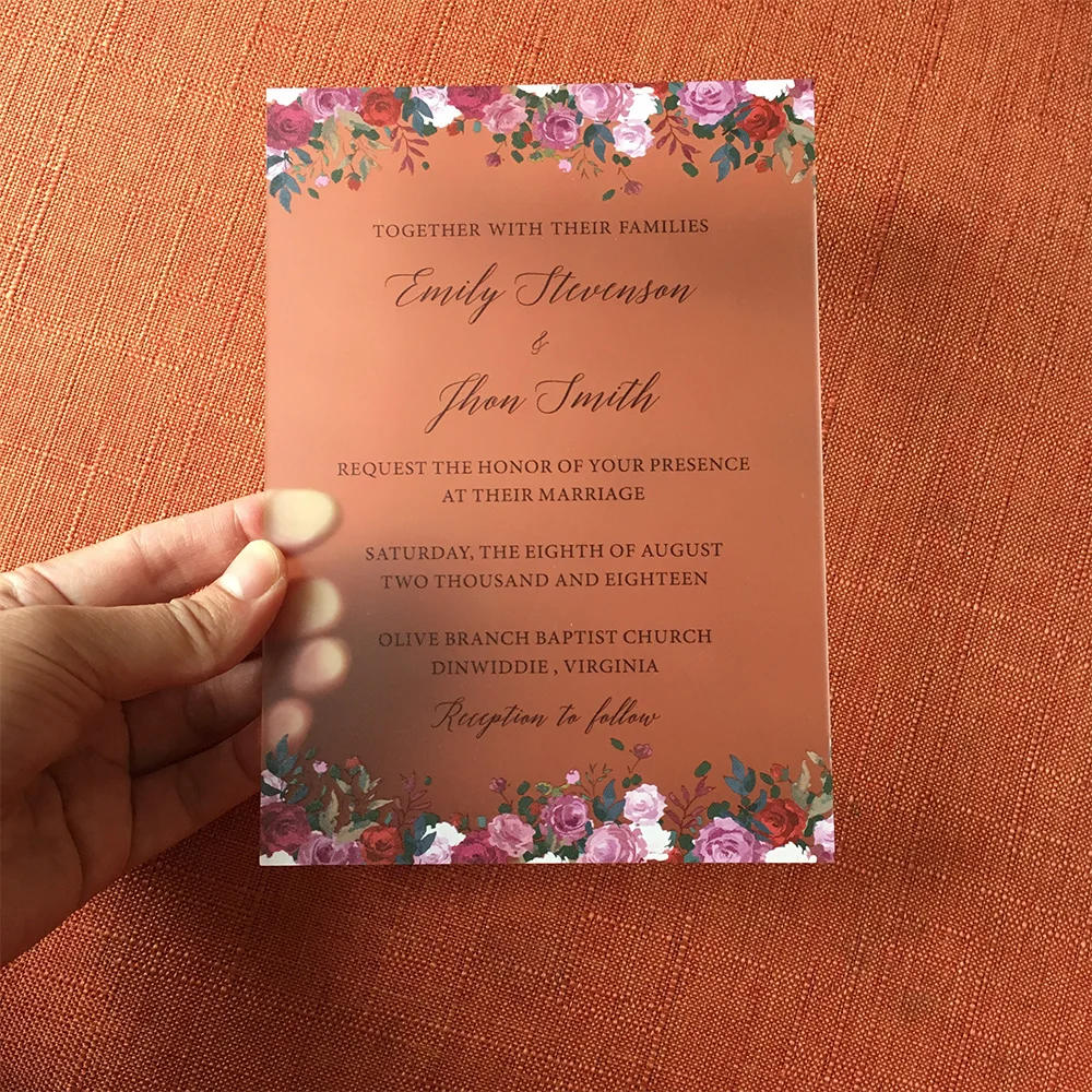  100 Pieces Per Lot Unique Floral Watercolor 5x7inch Frosted Acrylic Wedding Invitation Card - 32868109210