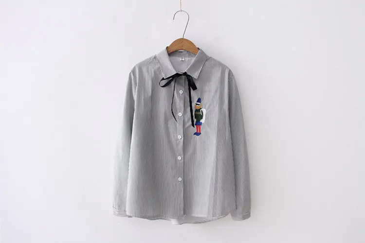 2019 Autumn Striped Tops Ladies Cute Soldier Embroidery Shirts Blouses Women Casual Bow Long Sleeve Blusas Mujer Chemise Femme (6)