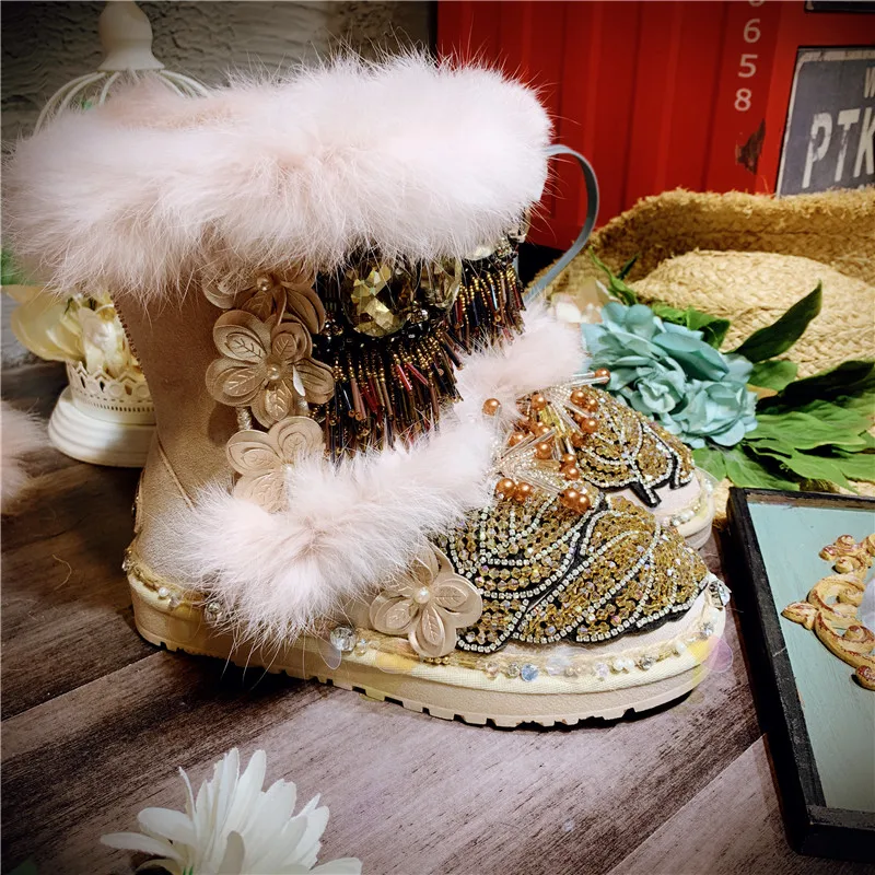 

2018 European American winter rabbit fur warm snow boots luxury rhinestone flowers beading leather round toe flat half boots