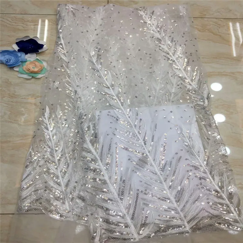

African Lace Fabric 2019 High Quality Lace white Bridal Lace Fabric With sequins Nigerian Tulle Mesh Lace Fabrics xc-2205