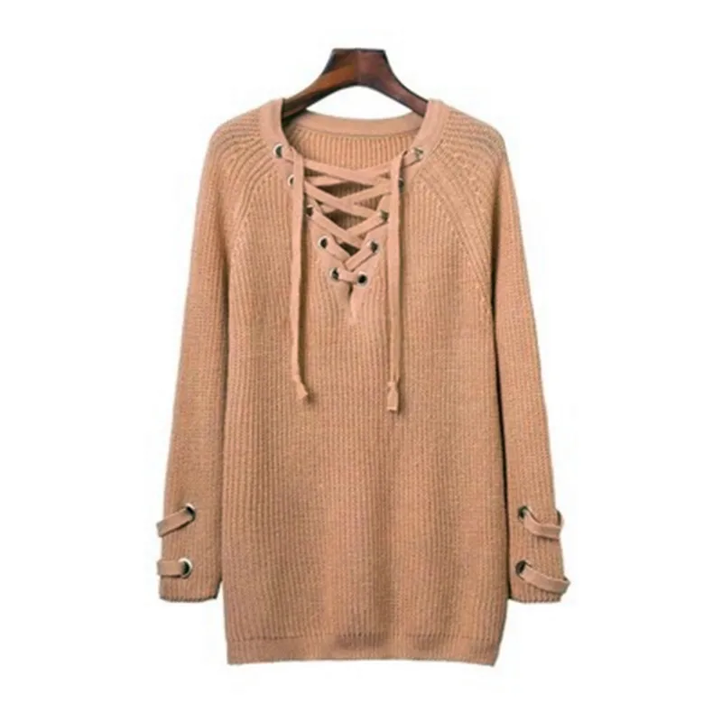 

Autumn Winter V-Neck Twisted Soft Lace Up Solid Pullovers Casual Loose Full Sleeve England Style Lady Clothing Sweater