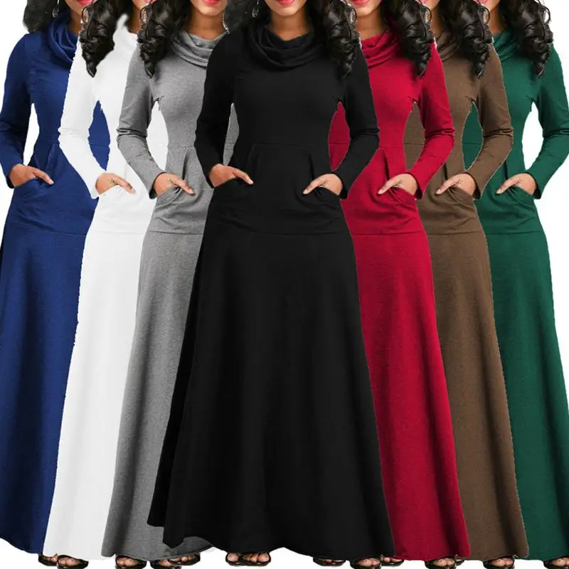 

2019 New Elegant Fashion Women Warm Dress Pocket Casual Soild Long Sleeve Vintage Dresses Vestidos Plus Size S-5XL