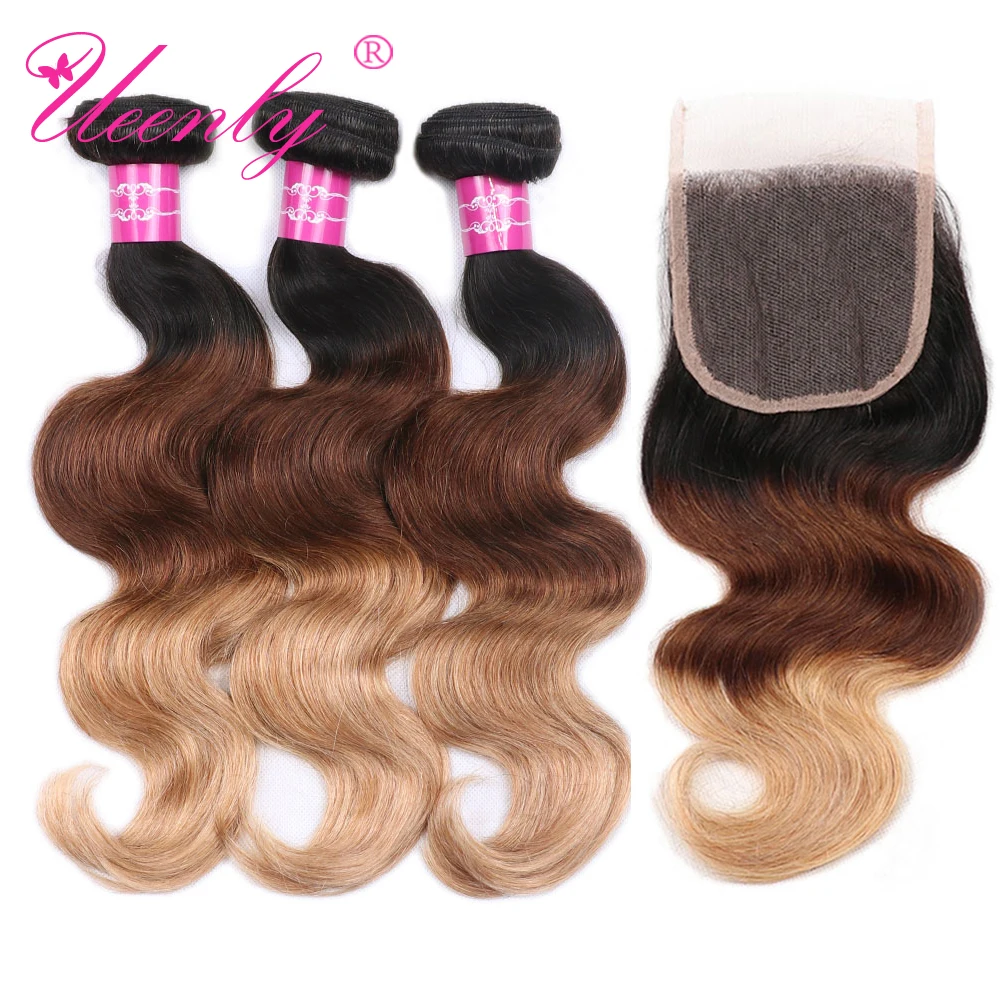 

UEENLY Pre-Colored Peruvian Body Wave 3 Bundles With Closure T1B/4/27 Ombre Hair With 4x4 Closure 100% Remy Human Hair